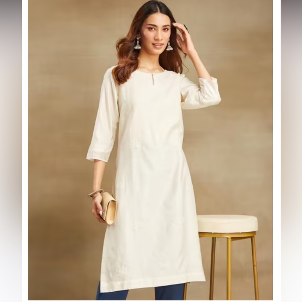 Fabindia White Cotton Silk Calf Length Long Kurta size S NWT